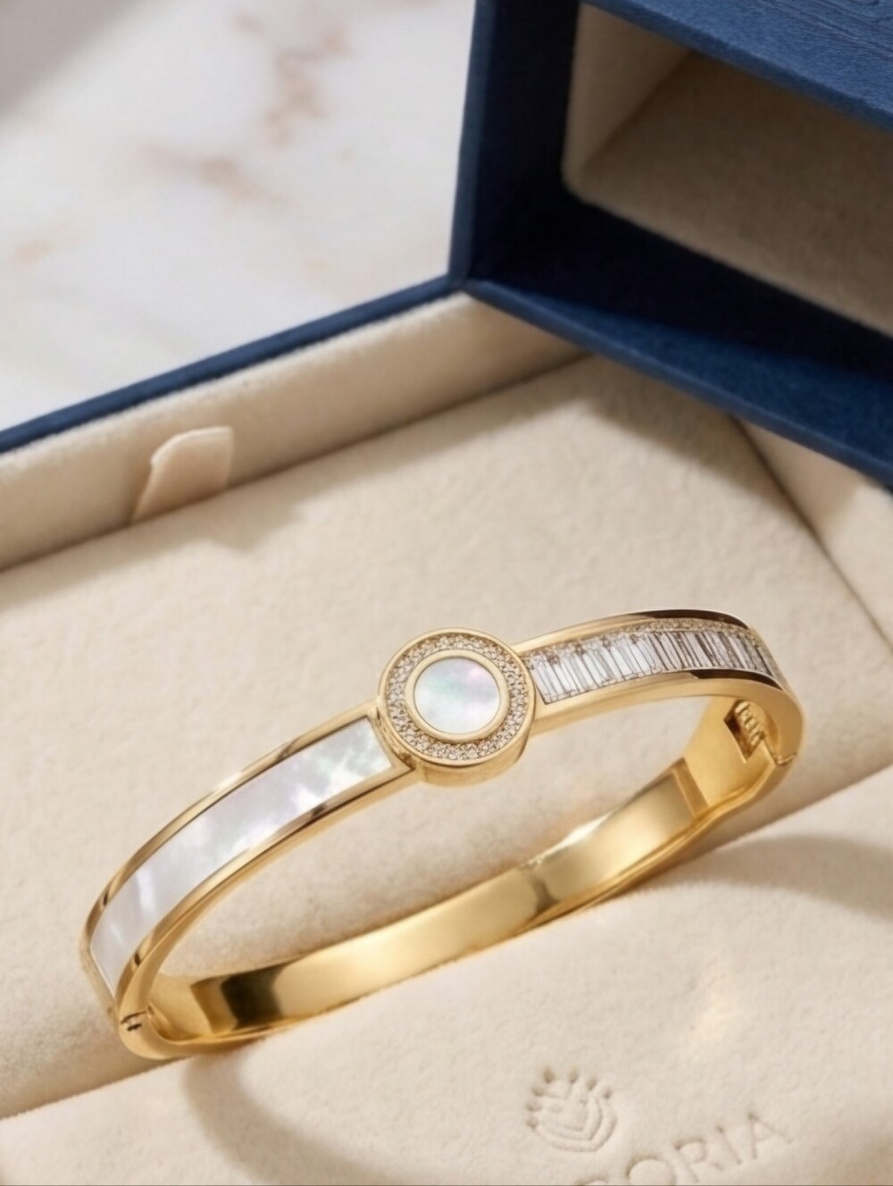 Gold Bracelet Bangle Mother Of Pearl And Zirconia